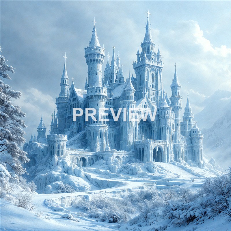 A large, elaborate castle covered in snow, with multiple towers and spires, situated in a winter landscape with snow-covered trees and mountains in the background.